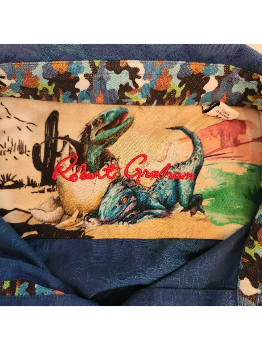 Vintage Robert Graham Long Sleeve Shirt Mens M Blue Dinosaur All Over Print